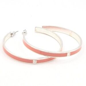 Silver Tone Hoop Earrings on Posts with Salmon Enamel Trendy Fashion‎